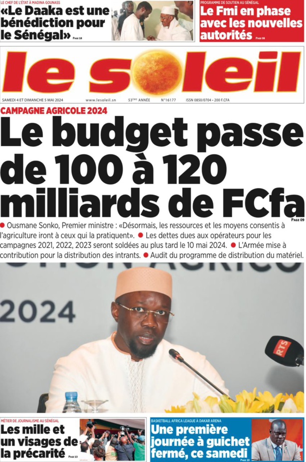 La Une du quotidien le Réveil du Samedi 04 mai 2024 La Une du quotidien le Réveil du Samedi 04 mai 2024