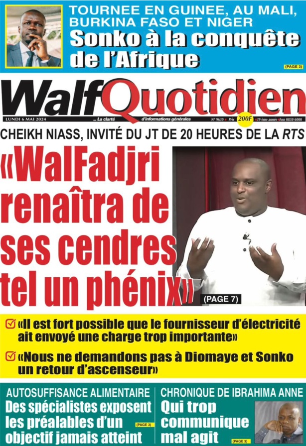 La Une du journal le réveil du Lundi 06 Mai 2024