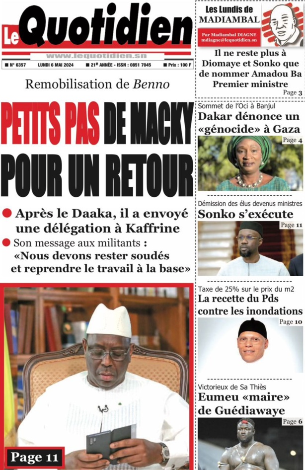 La Une du journal le réveil du Lundi 06 Mai 2024