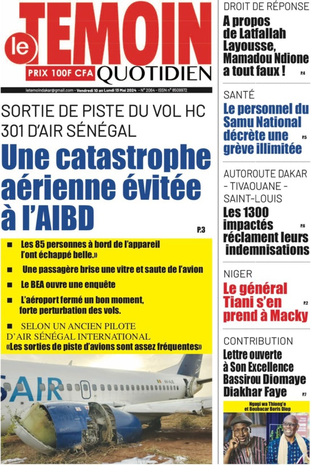 La Une du journal le réveil du Mardi 10 Mai 2024