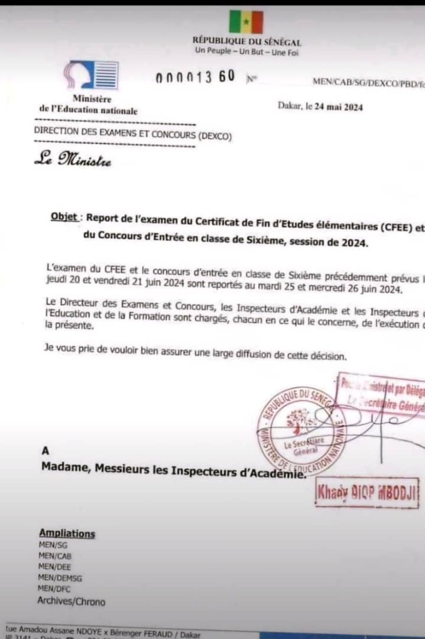 Report des dates : Examens du CFEE et concours d’entrée en 6ème déplacés au 25 et 26 juin 2024 Report des dates : Examens du CFEE et concours d’entrée en 6ème déplacés au 25 et 26 juin 2024