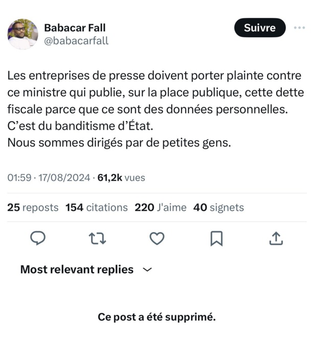 Babacar Fall sur la publication des dettes fiscales des médias : "C'est du banditisme d'État" Babacar Fall sur la publication des dettes fiscales des médias : "C'est du banditisme d'État"