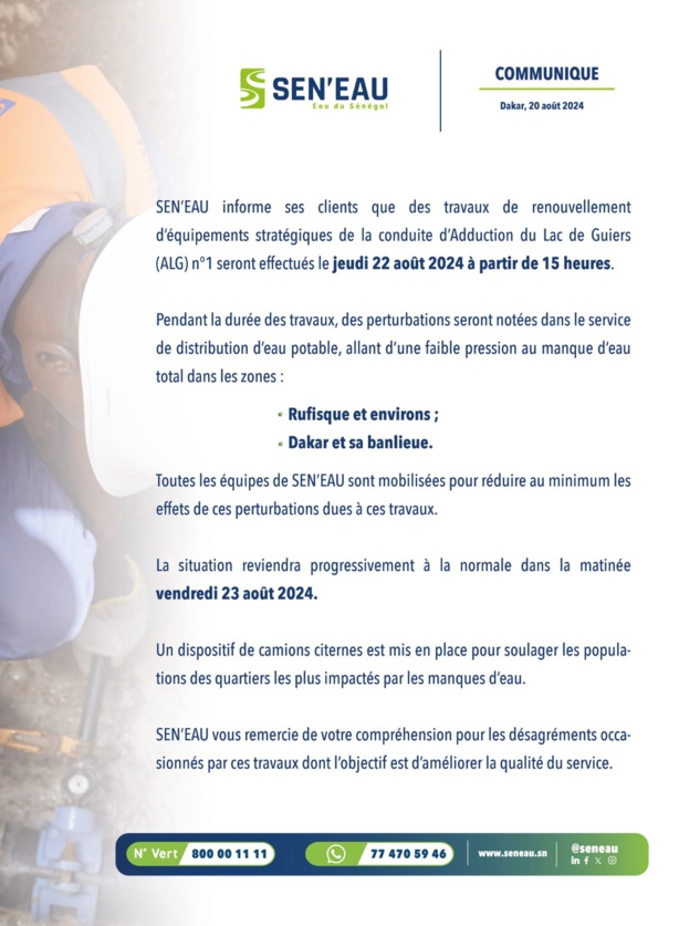 Distribution d’Eau à Dakar : Préparez vous à des perturbations jeudi, selon la "SEN’EAU" Distribution d’Eau à Dakar : Préparez vous à des perturbations jeudi, selon la "SEN’EAU"