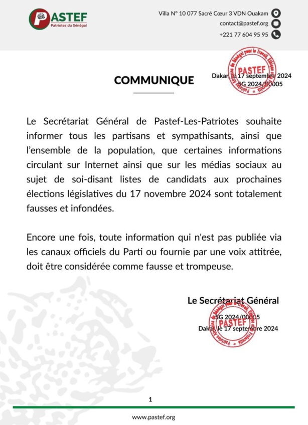 Législatives : Pastef dément les rumeurs sur la publication de sa liste de candidats Législatives : Pastef dément les rumeurs sur la publication de sa liste de candidats