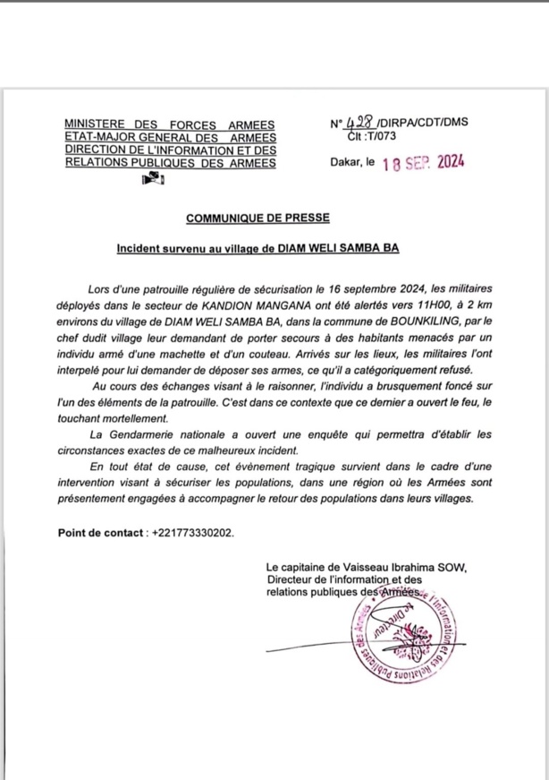 Individu abattu par un militaire à Bounkiling : l'armée livre sa version des faits Individu abattu par un militaire à Bounkiling : l'armée livre sa version des faits