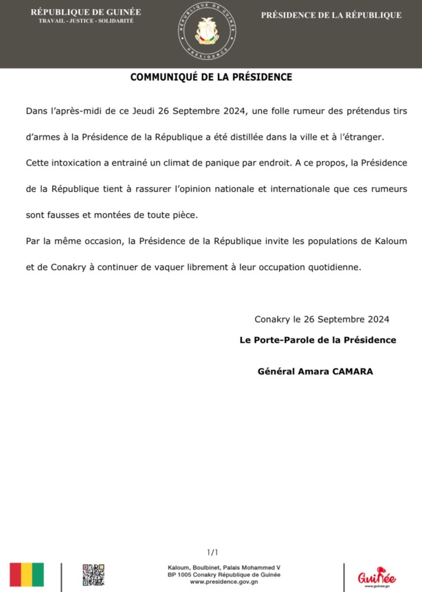 Panique à Conakry : La Présidence dément les rumeurs de tirs Panique à Conakry : La Présidence dément les rumeurs de tirs