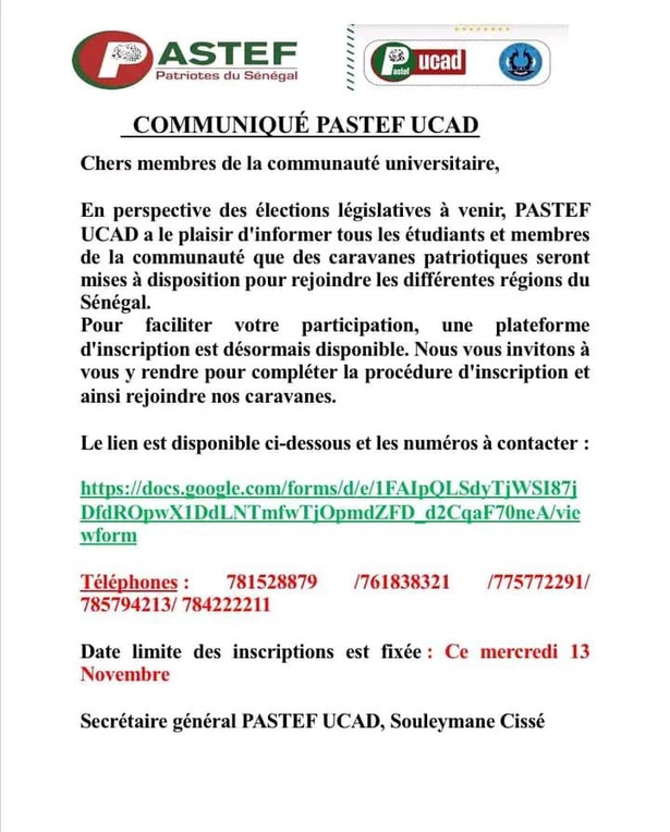 PASTEF UCAD lance des caravanes gratuites pour les législatives (communiqué) PASTEF UCAD lance des caravanes gratuites pour les législatives (communiqué)