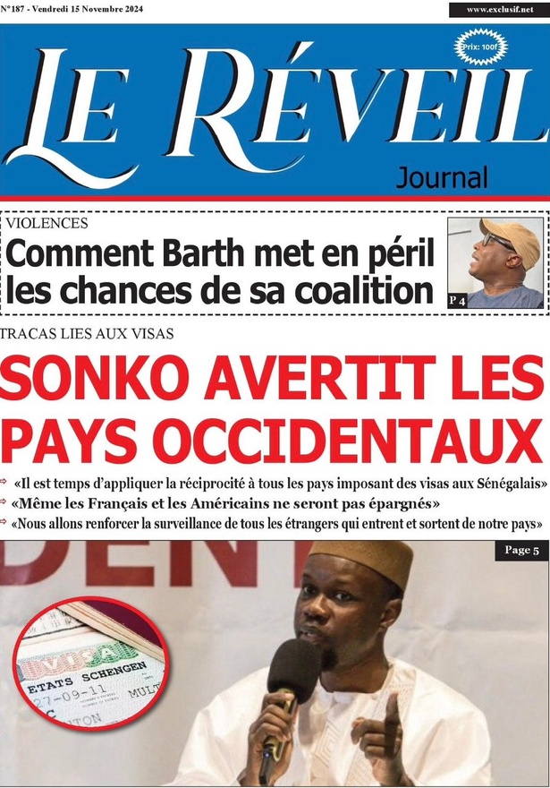 La Une du journal le Réveil du Vendredi 15 Novembre 2024 La Une du journal le Réveil du Vendredi 15 Novembre 2024