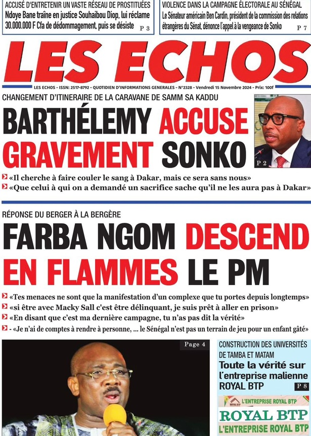 La Une du journal le Réveil du Vendredi 15 Novembre 2024 La Une du journal le Réveil du Vendredi 15 Novembre 2024