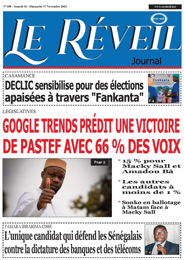 La Une du journal le Réveil du Samedi 16 Novembre 2024 La Une du journal le Réveil du Samedi 16 Novembre 2024