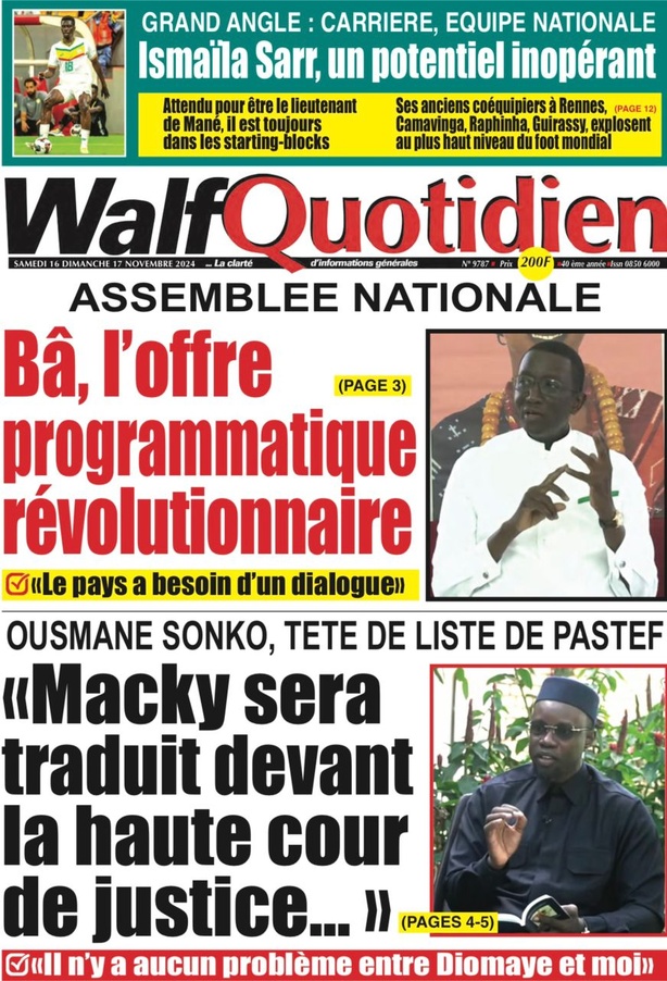 La Une du journal le Réveil du Samedi 16 Novembre 2024 La Une du journal le Réveil du Samedi 16 Novembre 2024