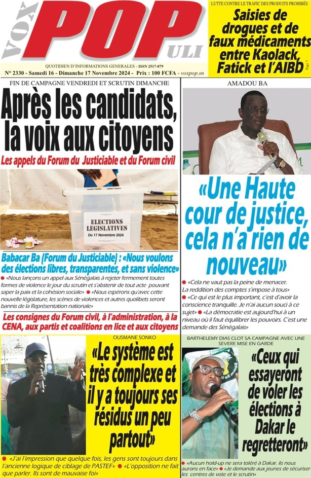 La Une du journal le Réveil du Samedi 16 Novembre 2024 La Une du journal le Réveil du Samedi 16 Novembre 2024