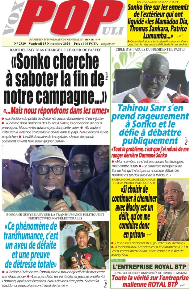 La Une du journal le Réveil du Samedi 16 Novembre 2024 La Une du journal le Réveil du Samedi 16 Novembre 2024