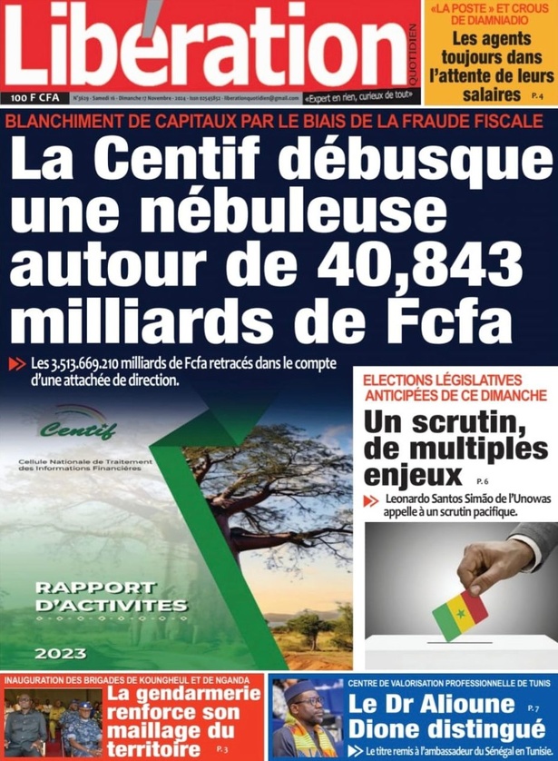 La Une du journal le Réveil du Samedi 16 Novembre 2024 La Une du journal le Réveil du Samedi 16 Novembre 2024