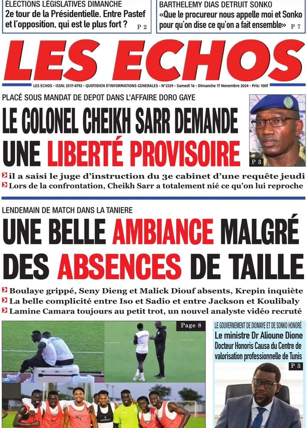 La Une du journal le Réveil du Samedi 16 Novembre 2024 La Une du journal le Réveil du Samedi 16 Novembre 2024