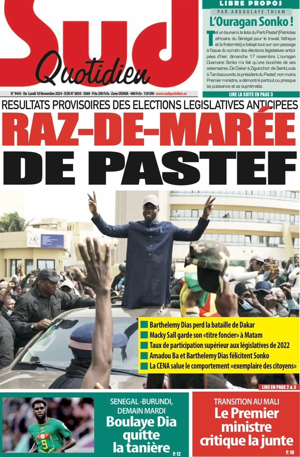 La Une du journal le Réveil du Lundi 18 Novembre 2024 La Une du journal le Réveil du Lundi 18 Novembre 2024