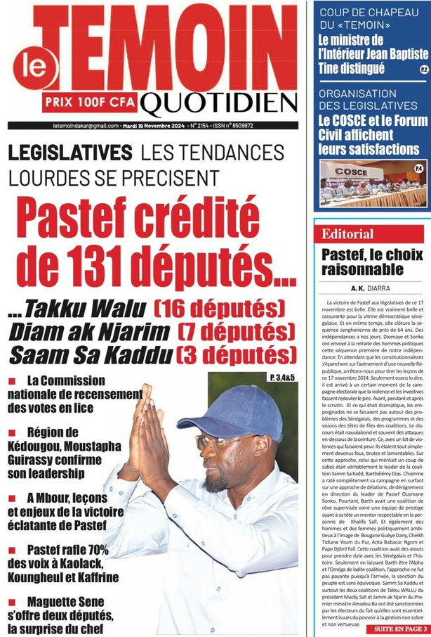 La Une du journal le Réveil du Mardi 19 Novembre 2024 La Une du journal le Réveil du Mardi 19 Novembre 2024