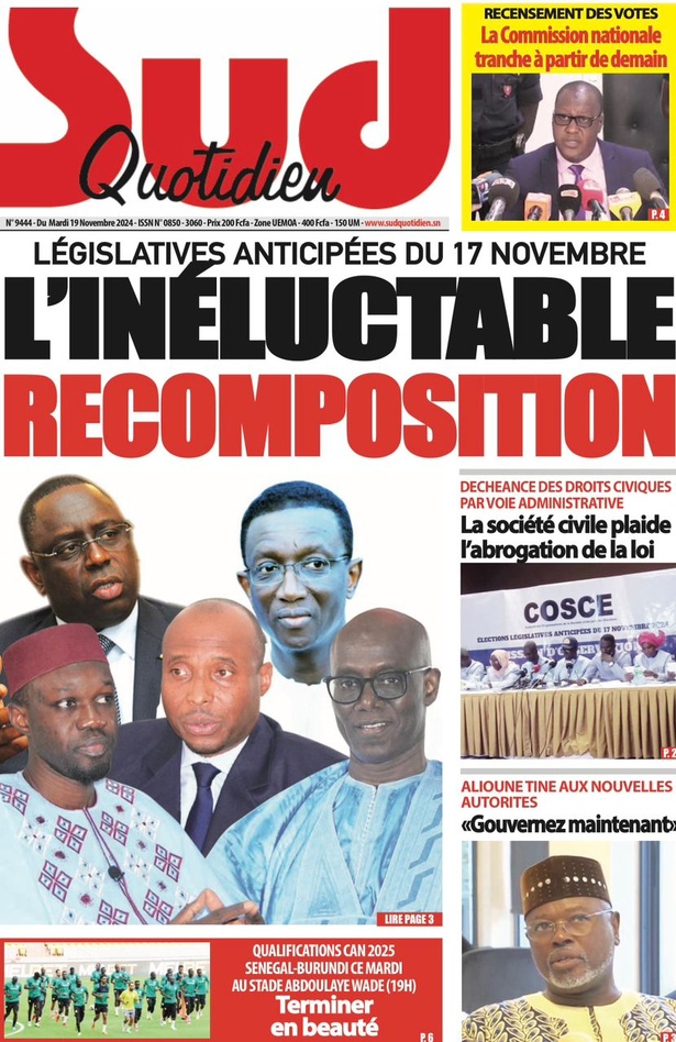 La Une du journal le Réveil du Mardi 19 Novembre 2024 La Une du journal le Réveil du Mardi 19 Novembre 2024