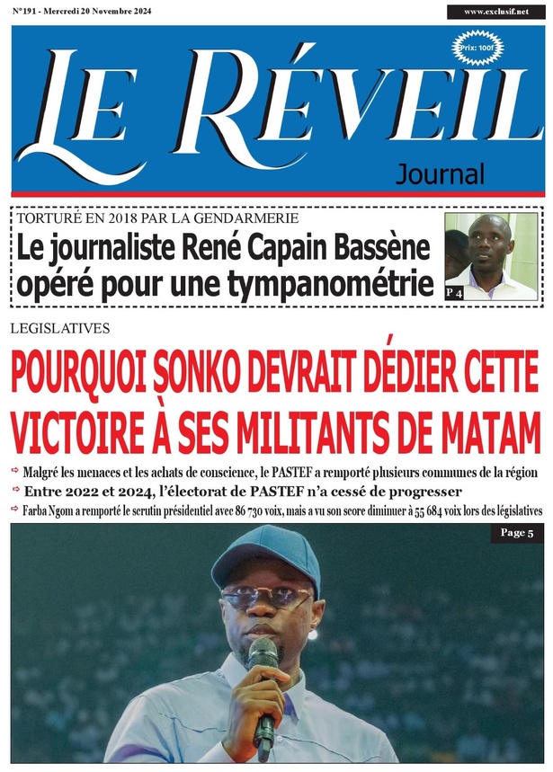 La Une du journal le Réveil du Mercredi 20 Novembre 2024 La Une du journal le Réveil du Mercredi 20 Novembre 2024