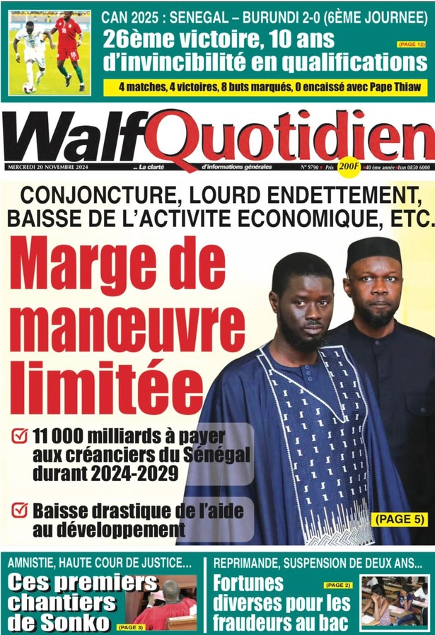 La Une du journal le Réveil du Mercredi 20 Novembre 2024 La Une du journal le Réveil du Mercredi 20 Novembre 2024