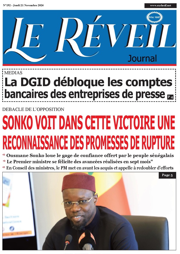 La Une du journal le Réveil du Mercredi 21 Novembre 2024 La Une du journal le Réveil du Mercredi 21 Novembre 2024