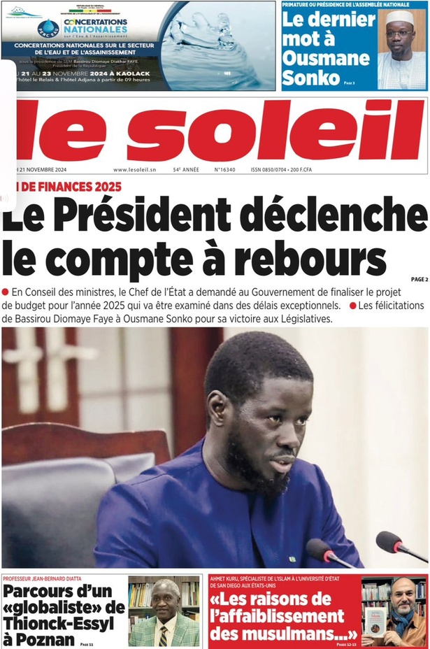 La Une du journal le Réveil du Jeudi 21 Novembre 2024 La Une du journal le Réveil du Jeudi 21 Novembre 2024