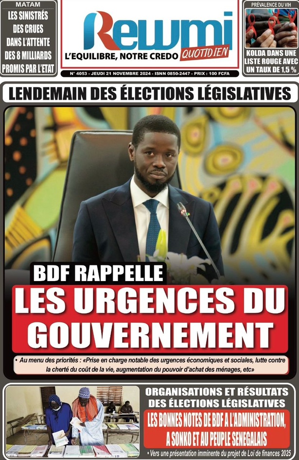 La Une du journal le Réveil du Jeudi 21 Novembre 2024 La Une du journal le Réveil du Jeudi 21 Novembre 2024