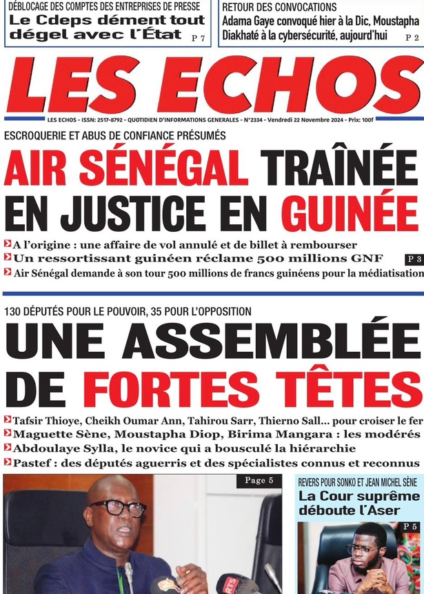 La Une du journal le Réveil du vendredi 22 Novembre 2024 La Une du journal le Réveil du vendredi 22 Novembre 2024