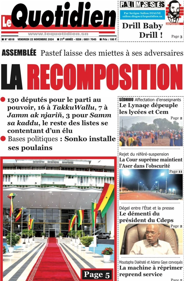 La Une du journal le Réveil du vendredi 22 Novembre 2024 La Une du journal le Réveil du vendredi 22 Novembre 2024