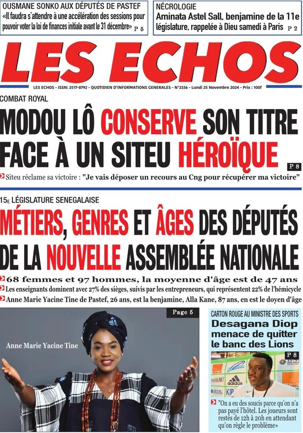 La Une du journal le Réveil du Lundi 25 Novembre 2024 La Une du journal le Réveil du Lundi 25 Novembre 2024