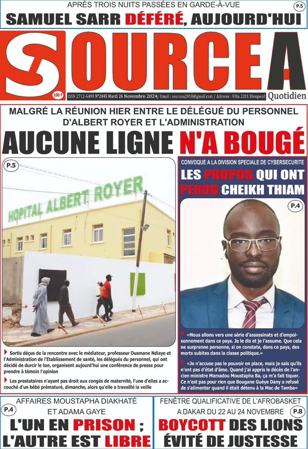 La Une du Journal Le Réveil de ce mardi 26 novembre 2024. La Une du Journal Le Réveil de ce mardi 26 novembre 2024.