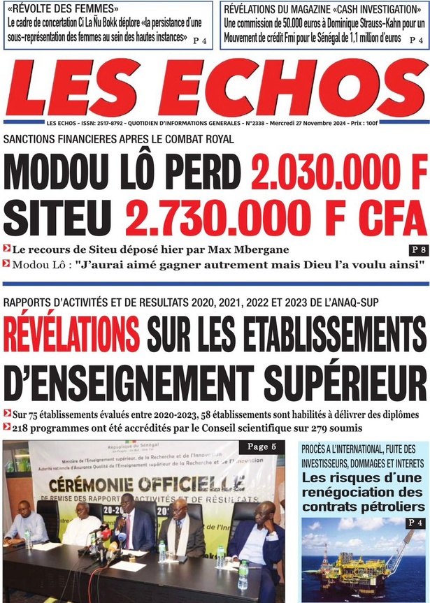 La Une du Journal Le Réveil de ce mercredi 27 novembre 2024. La Une du Journal Le Réveil de ce mercredi 27 novembre 2024.