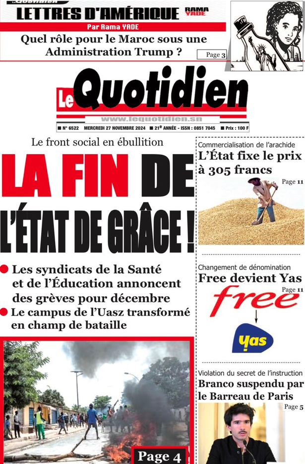 La Une du Journal Le Réveil de ce mercredi 27 novembre 2024. La Une du Journal Le Réveil de ce mercredi 27 novembre 2024.