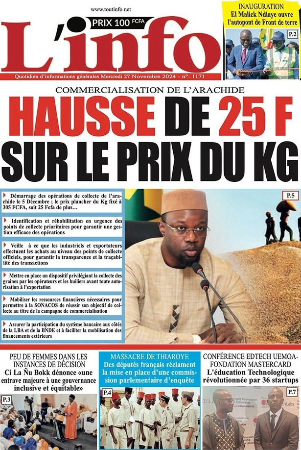 La Une du Journal Le Réveil de ce mercredi 27 novembre 2024. La Une du Journal Le Réveil de ce mercredi 27 novembre 2024.