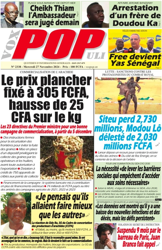 La Une du Journal Le Réveil de ce mercredi 27 novembre 2024. La Une du Journal Le Réveil de ce mercredi 27 novembre 2024.