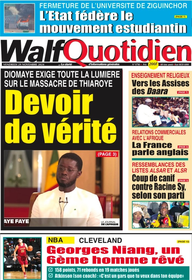 La Une du Journal Le Réveil de ce Vendredi 29 novembre 2024 La Une du Journal Le Réveil de ce Vendredi 29 novembre 2024