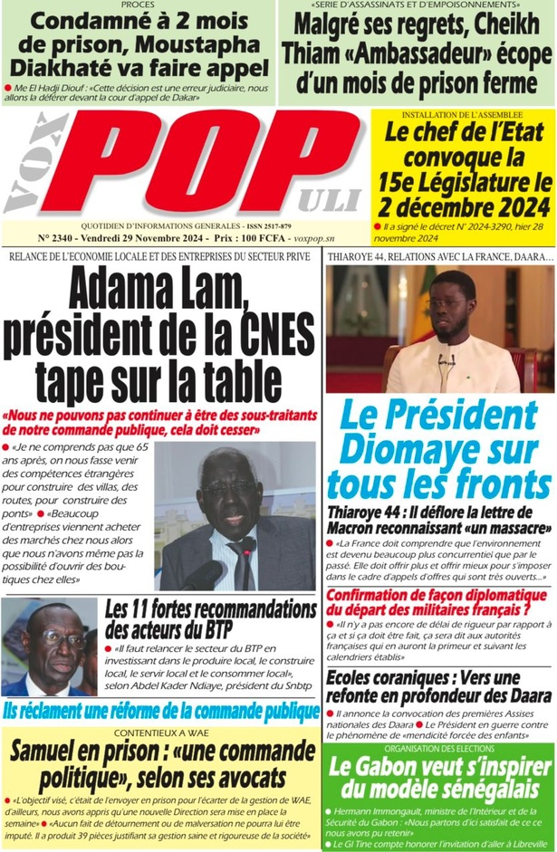 La Une du Journal Le Réveil de ce Vendredi 29 novembre 2024 La Une du Journal Le Réveil de ce Vendredi 29 novembre 2024