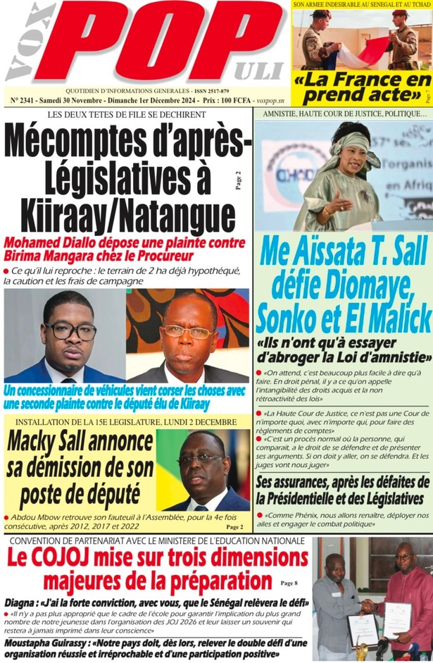 La Une du journal le Réveil du Samedi 30 Novembre 2024 La Une du journal le Réveil du Samedi 30 Novembre 2024