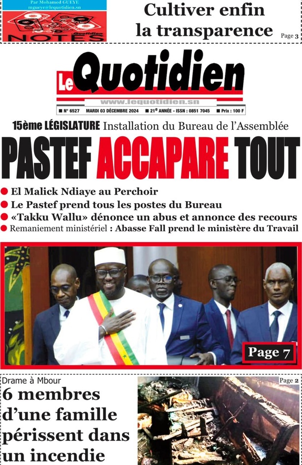 La Une du journal le Réveil du Mardi 03 Décembre 2024 La Une du journal le Réveil du Mardi 03 Décembre 2024