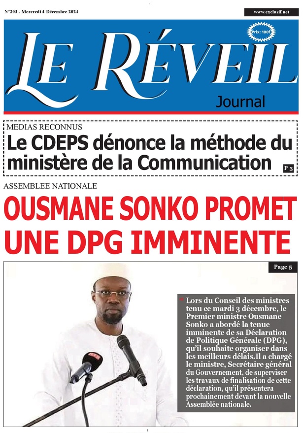 La Une du journal le Réveil du Mercredi 04 Décembre 2024 La Une du journal le Réveil du Mercredi 04 Décembre 2024