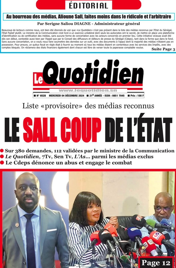 La Une du journal le Réveil du Mercredi 04 Décembre 2024 La Une du journal le Réveil du Mercredi 04 Décembre 2024