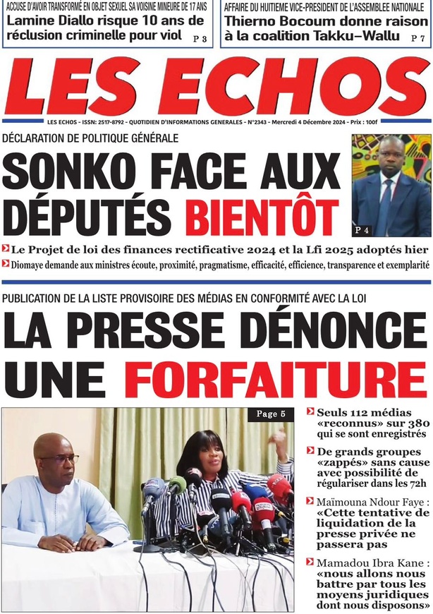 La Une du journal le Réveil du Mercredi 04 Décembre 2024 La Une du journal le Réveil du Mercredi 04 Décembre 2024