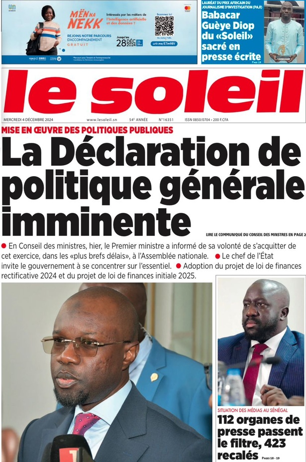 La Une du journal le Réveil du Mercredi 04 Décembre 2024 La Une du journal le Réveil du Mercredi 04 Décembre 2024