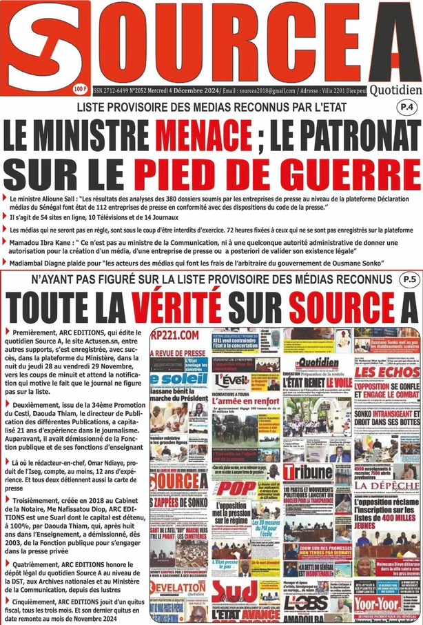 La Une du journal le Réveil du Mercredi 04 Décembre 2024 La Une du journal le Réveil du Mercredi 04 Décembre 2024