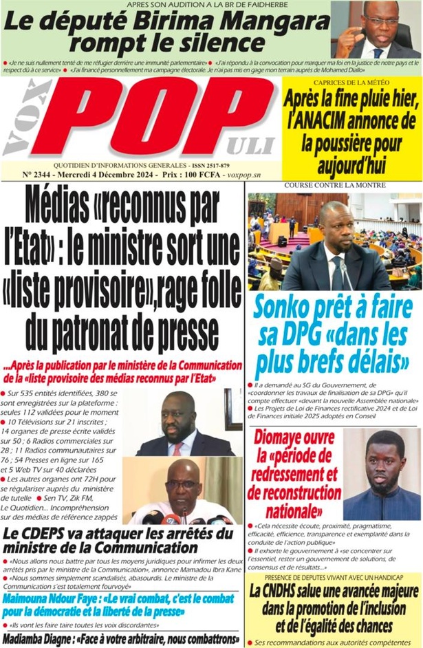 La Une du journal le Réveil du Mercredi 04 Décembre 2024 La Une du journal le Réveil du Mercredi 04 Décembre 2024