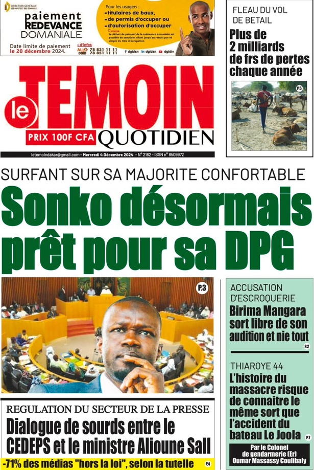 La Une du journal le Réveil du Mercredi 04 Décembre 2024 La Une du journal le Réveil du Mercredi 04 Décembre 2024