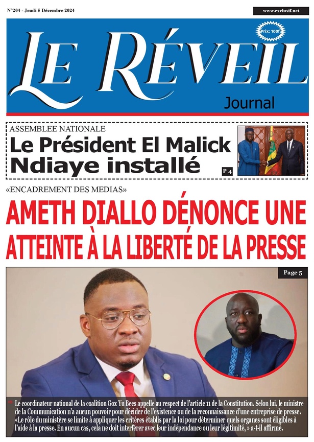 La Une du journal le Réveil du Mercredi 05 Décembre 2024 La Une du journal le Réveil du Mercredi 05 Décembre 2024