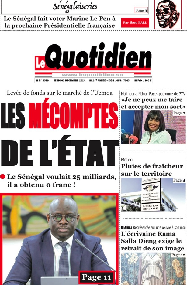 La Une du journal le Réveil du Mercredi 05 Décembre 2024 La Une du journal le Réveil du Mercredi 05 Décembre 2024