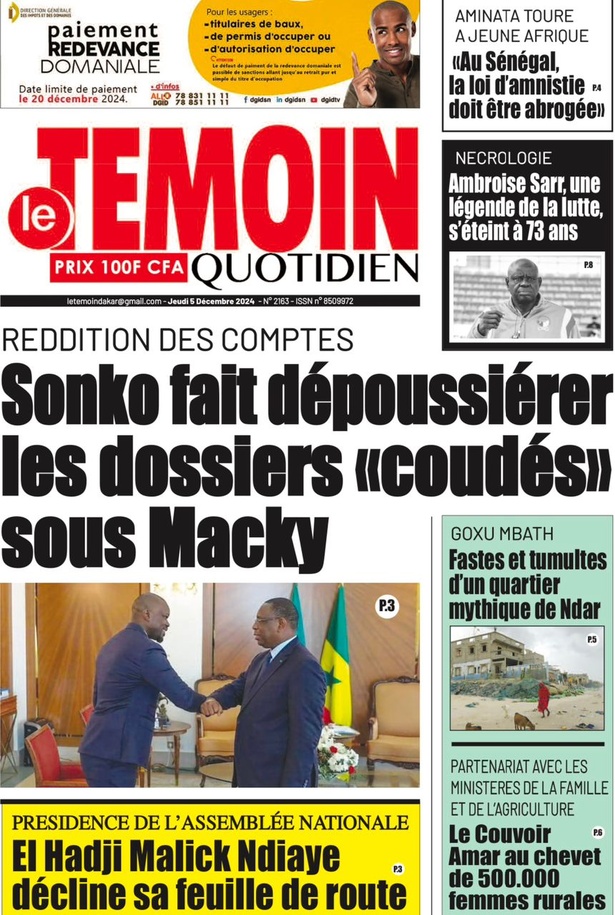 La Une du journal le Réveil du Mercredi 05 Décembre 2024 La Une du journal le Réveil du Mercredi 05 Décembre 2024