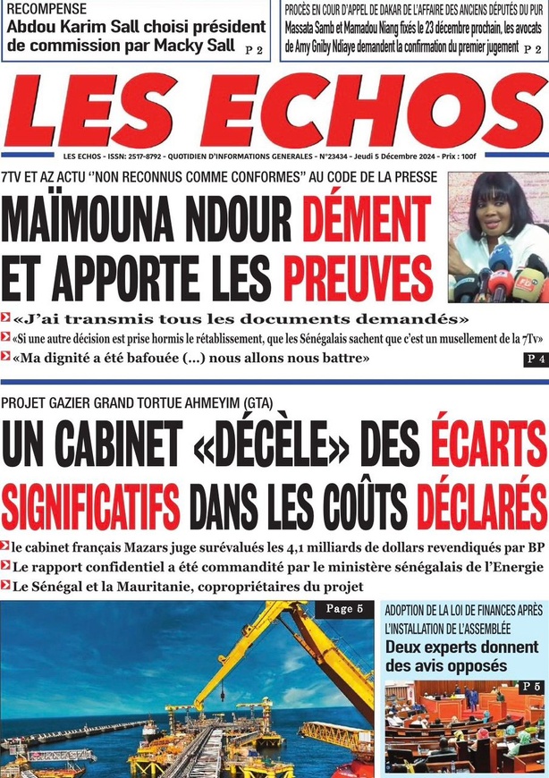 La Une du journal le Réveil du Mercredi 05 Décembre 2024 La Une du journal le Réveil du Mercredi 05 Décembre 2024